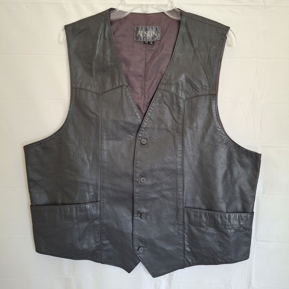 Austin Black Leather Vest Men's Size 46 Pockets * Flaws